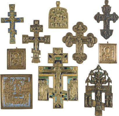 Picture SAMMLUNG VON ZEHN BRONZE-IKONEN: KRUZIFIXE, GOTTESMUTTER VON SMOLENSK SOWIE ENTSCHLAFEN DER GOTTESMUTTER