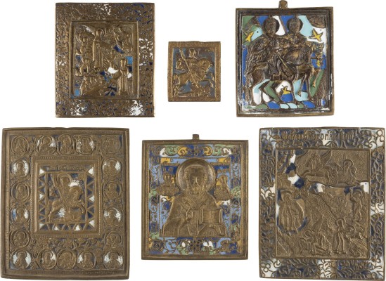 Bild SAMMLUNG VON SECHS BRONZE-IKONEN: SELTENE IKONE MIT DER GOTTESMUTTER 'BOGOLUBSKAJA' SOWIE IKONEN MIT AUSGEWÄHLTEN HEILIGEN