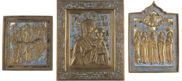Bild DREI BRONZE-IKONEN: GOTTESMUTTER VON SMOLENSK, AUFERSTEHUNG UND HÖLLENFAHRT CHRISTI SOWIE AUSGEWÄHLTE HEILIGE
