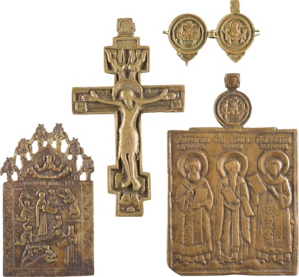 Picture SAMMLUNG VON VIER BRONZE-IKONEN: DARSTELLUNGEN DER GOTTESMUTTER, KRUZIFIX, DREIFALTIGKEIT SOWIE AUSGEWÄHLTE HEILIGE