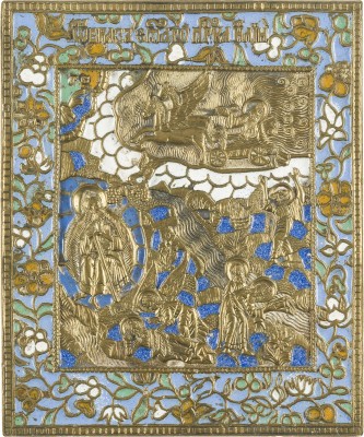 Bild FEINE BRONZE-IKONE MIT DEM PROPHETEN ELIAS UND SEINER FEURIGEN HIMMELFAHRT