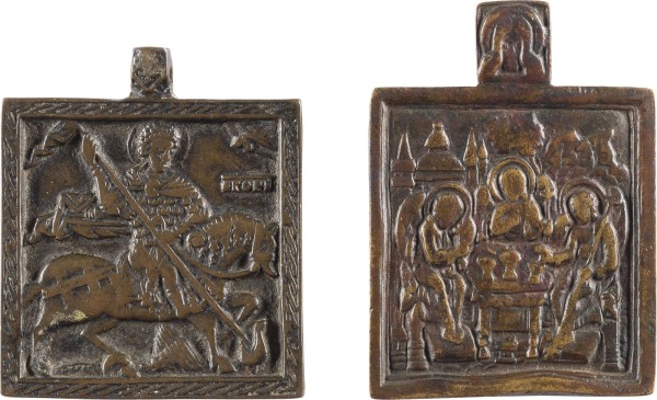 Bild ZWEI BRONZE-IKONEN: HEILIGER GEORG DER DRACHENTÖTER UND ALTTESTAMENTLICHE DREIFALTIGKEIT