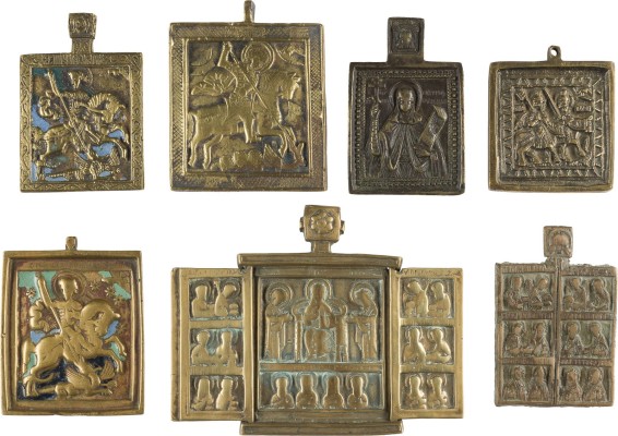 Bild SAMMLUNG VON SIEBEN BRONZE-IKONEN: EIN TRIPTYCHON MIT DEESIS SOWIE AUSGEWÄHLTE HEILIGE