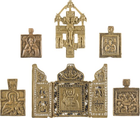 Picture SAMMLUNG VON SECHS BRONZE-IKONEN: AUSGEWÄHLTE HEILIGE, KRUZIFIX SOWIE HIMMELFAHRT DES ELIAS