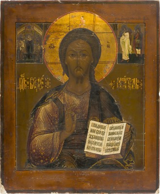 Bild GROSSE IKONE MIT CHRISTUS PANTOKRATOR MIT DER GOTTESMUTTER 'FREUDE ALLER LEIDENDEN', DEM SCHUTZENGEL UND DEM HEILIGEN GEORG