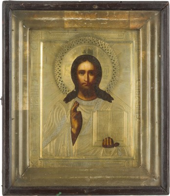 Auction 142<br>IKONE MIT CHRISTUS PANTOKRATOR MIT OKLAD IM KIOT
