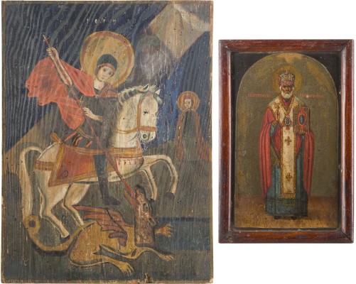 Auction 142<br>ZWEI IKONEN: HEILIGER NIKOLAUS VON MYRA UND HEILIGER GEORG DER DRACHENTÖTER