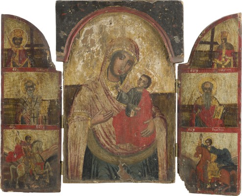Auction 142<br>GROSSES TRIPTYCHON MIT DER GOTTESMUTTER HODEGETRIA UND AUSGEWÄHLTEN HEILIGEN