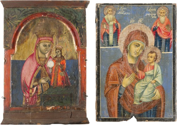 Picture ZWEI IKONEN: MITTELTEIL EINES TRIPTYCHONS UND IKONE MIT GNADENBILDERN DER GOTTESMUTTER UND HEILIGEN