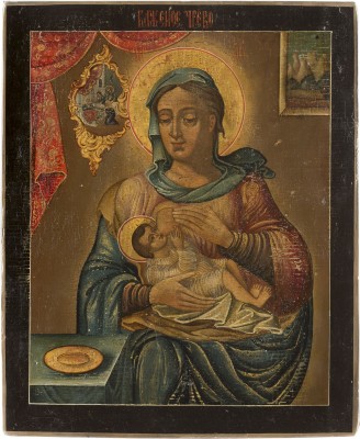 Picture SELTENE UND FEINE IKONE MIT DER STILLENDEN GOTTESMUTTER (MLEKOPITATELNITSA) UND DER GEBURT DER GOTTESMUTTER