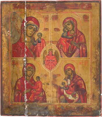 Auktion 142<br>VIERFELDER-IKONE MIT CHRISTUS, DEM GÜTIGEN SCHWEIGEN UND VIER GNADENBILDERN DER GOTTESMUTTER