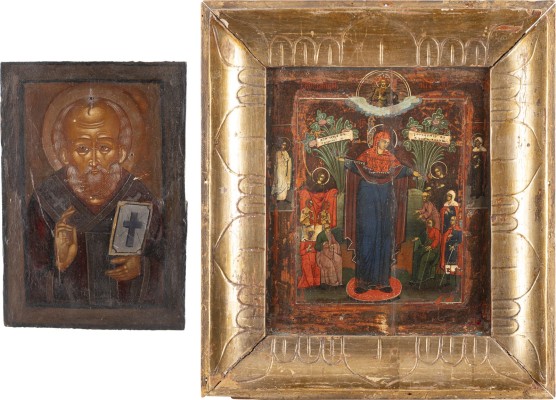 Auction 142<br>ZWEI IKONEN: HEILIGER NIKOLAUS VON MYRA UND GOTTESMUTTER 'FREUDE ALLER LEIDENDEN'