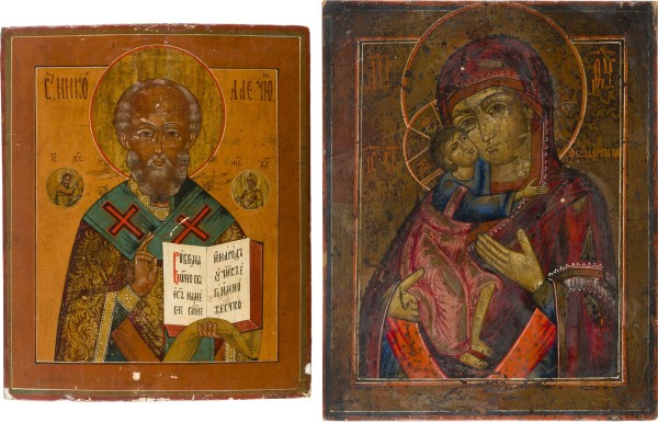Auction 142<br>ZWEI IKONEN: HEILIGER NIKOLAUS VON MYRA UND GOTTESMUTTER FEODOROWSKAJA