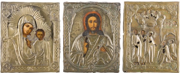 Bild DREI IKONEN MIT OKLAD: CHRISTUS PANTOKRATOR, GOTTESMUTTER VON KASAN, ERSCHEINEN DER GOTTESMUTTER VOR DEM HEILIGEN SERGEJ VON RADONESCH