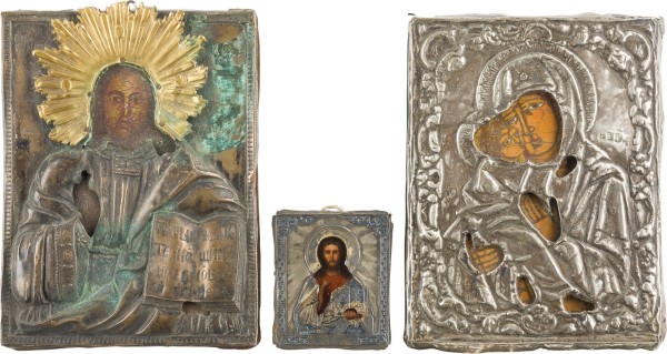 Bild DREI IKONEN MIT OKLAD: CHRISTUS PANTOKRATOR UND DIE GOTTESMUTTER VON WLADIMIR