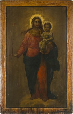 Auction 142<br>MONUMENTALE IKONE MIT DER GOTTESMUTTER 'GESEGNETER HIMMEL' (BLAGODATNOE NEBO) AUS EINER KIRCHEN-IKONOSTASE