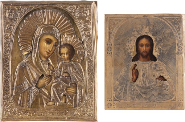 Bild ZWEI IKONEN MIT OKLAD: CHRISTUS PANTOKRATOR UND GOTTESMUTTER VON TICHWIN