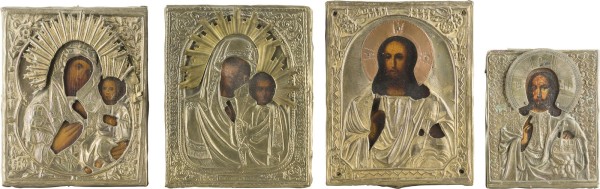 Bild VIER KLEINE IKONEN MIT OKLAD: CHRISTUS PANTOKRATOR UND GNADENBILDER DER GOTTESMUTTER