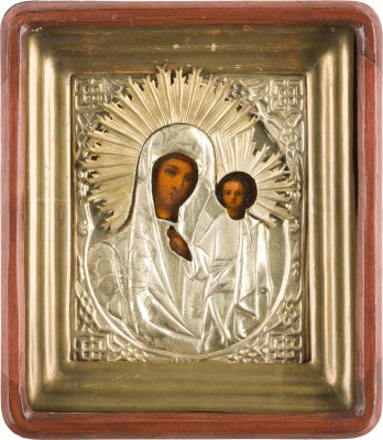 Bild KLEINE IKONE MIT DER GOTTESMUTTER VON KASAN (KASANSKAJA) MIT OKLAD IM KIOT