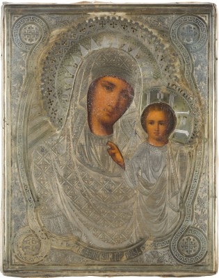 Picture KLEINE IKONE MIT DER GOTTESMUTTER VON KASAN (KASANSKAJA) MIT SILBER-OKLAD