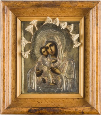 Picture KLEINE IKONE MIT DER GOTTESMUTTER VON WLADIMIR (WLADIMIRSKAJA) MIT SILBER-OKLAD IM KIOT