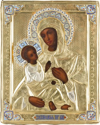 Picture KLEINE IKONE MIT DER GOTTESMUTTER 'CHOLMSKAJA' MIT CLOISONNÉ-EMAIL-OKLAD