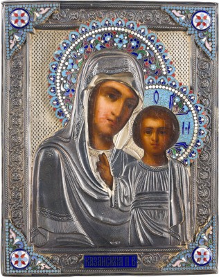 Picture IKONE MIT DER GOTTESMUTTER VON KASAN (KASANSKAJA) MIT CLOISONNÉ-EMAIL-OKLAD