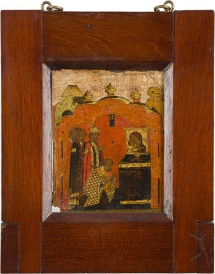Auction 142<br>FEINES TABLETKA MIT DER NIEDERLEGUNG DES GEWANDES DER HEILIGEN GOTTESGEBÄRERIN