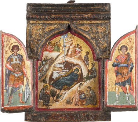 Auktion 142<br>TRIPTYCHON MIT DER VERKÜNDIGUNG, DER GEBURT CHRISTI UND DEN HEILIGEN GEORG UND DEMETRIOS