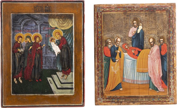 Auktion 142<br>ZWEI KLEINE IKONEN MIT DER DARBRINGUNG CHRISTI IM TEMPEL UND DEM ENTSCHLAFEN DER GOTTESMUTTER