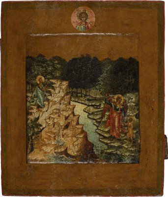 Auktion 142<br>SELTENE UND FEINE IKONE MIT JOHANNES DEM VORLÄUFER, DER VON DEM ENGEL IN DIE WÜSTE GEFÜHRT WIRD