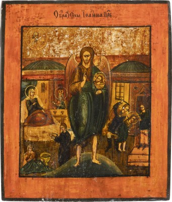 Auktion 142<br>IKONE MIT DEM HEILIGEN JOHANNES DEM VORLÄUFER MIT SZENEN SEINER VITA
