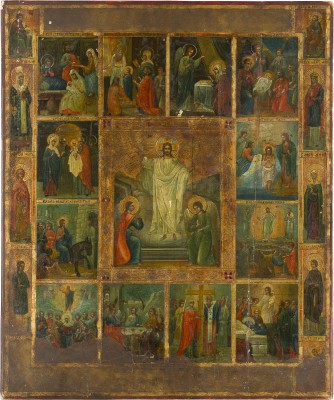 Bild GROSSFORMATIGE IKONE MIT DER AUFERSTEHUNG CHRISTI UND ZWÖLF HOCHFESTEN DES ORTHODOXEN KIRCHENJAHRES
