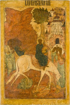 Bild MONUMENTALE IKONE MIT DEM EINZUG NACH JERUSALEM AUS EINER KIRCHEN-IKONOSTASE