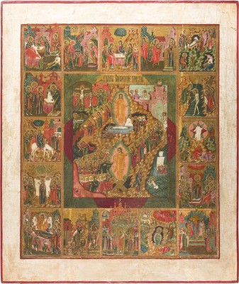 Picture MONUMENTALE IKONE MIT DER HÖLLENFAHRT UND AUFERSTEHUNG CHRISTI MIT 16 HOCHFESTEN DES ORTHODOXEN KIRCHENJAHRES