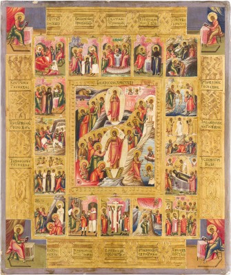 Picture IKONE MIT DER HÖLLENFAHRT UND AUFERSTEHUNG MIT 16 HOCHFESTEN DES ORTHODOXEN KIRCHENJAHRES UND DEN VIER EVANGELISTEN