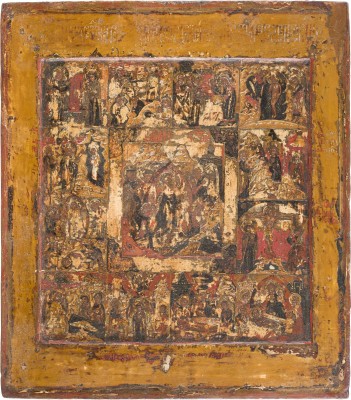 Picture SELTENE IKONE MIT DER HÖLLENFAHRT CHRISTI MIT ZWÖLF HOCHFESTEN DES ORTHODOXEN KIRCHENJAHRES