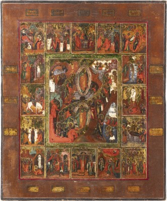 Bild GROSSFORMATIGE IKONE MIT DER AUFERSTEHUNG UND HÖLLENFAHRT CHRISTI MIT 16 HOCHFESTEN