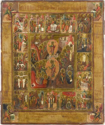 Picture IKONE MIT DER HÖLLENFAHRT UND AUFERSTEHUNG CHRISTI MIT 16 HOCHFESTEN UND DEN VIER EVANGELISTEN