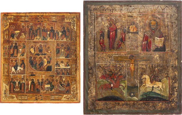 Auction 142<br>ZWEI GROSSE IKONEN: FESTTAGSIKONE UND VIERFELDER-IKONE