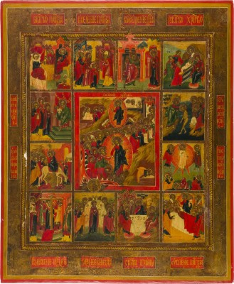 Auction 142<br>GROSSFORMATIGE IKONE MIT DER HÖLLENFAHRT UND AUFERSTEHUNG MIT ZWÖLF HOCHFESTEN DES ORTHODOXEN KIRCHENJAHRES