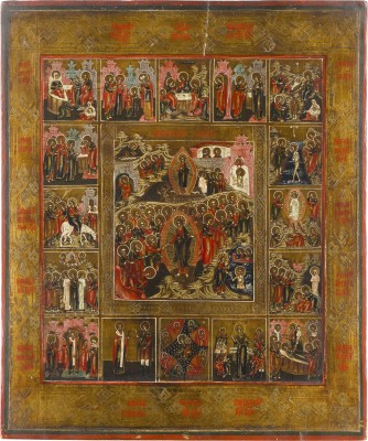 Auktion 142<br>GROSSFORMATIGE IKONE MIT DER AUFERSTEHUNG UND HÖLLENFAHRT CHRISTI MIT HOCHFESTEN, GNADENBILDERN DER GOTTESMUTTER UND HEILIGEN