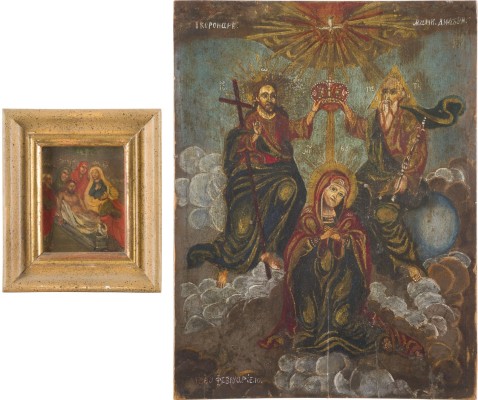 Auction 142<br>IKONE MIT DER KRÖNUNG DER GOTTESMUTTER UND GRABLEGUNG CHRISTI