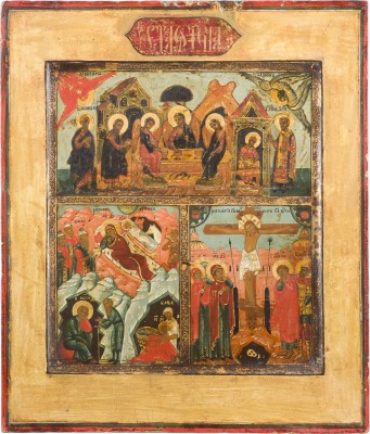 Auktion 142<br>DREIFELDER-IKONE MIT DER ALTTESTAMENTLICHEN DREIFALTIGKEIT SOWIE DER GEBURT UND DER KREUZIGUNG CHRISTI