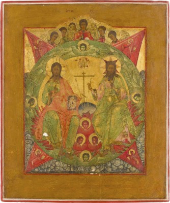 Auktion 142<br>FEINE IKONE MIT DER HEILIGEN DREIFALTIGKEIT (NEUTESTAMENTLICHER TYPUS)