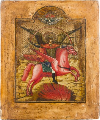 Auction 142<br>KLEINE IKONE MIT DEM ERZENGEL MICHAEL ARCHISTRATEGOS ALS APOKALYPTISCHER REITER