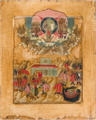 Picture SEHR SELTENE UND GROSSE IKONE MIT DEN TATEN DER ENGEL UND DER NEUTESTAMENTLICHEN DREIFALTIGKEIT