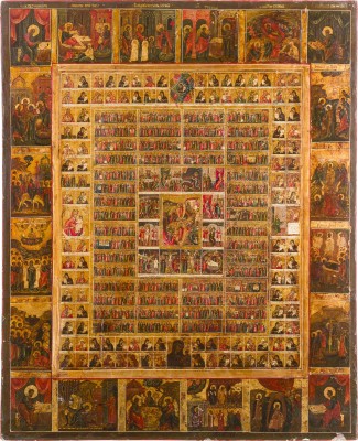 Bild MONUMENTALE JAHRES-IKONE MIT DER AUFERSTEHUNG UND HÖLLENFAHRT CHRISTI, DEM PASSIONSZYKLUS, GNADENBILDERN DER GOTTESMUTTER UND HOCHFESTEN