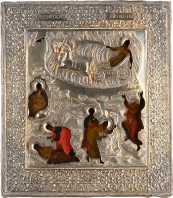 Auction 142<br>FEINE IKONE MIT DEM PROPHETEN ELIAS, SEINEM LEBEN IN DER WÜSTE UND SEINER FEURIGEN HIMMELFAHRT MIT VERMEIL-RIZA