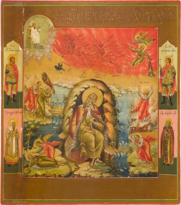 Picture FEINE IKONE MIT DEM PROPHETEN ELIAS, SEINEM LEBEN IN DER WÜSTE UND SEINER FEURIGEN HIMMELFAHRT